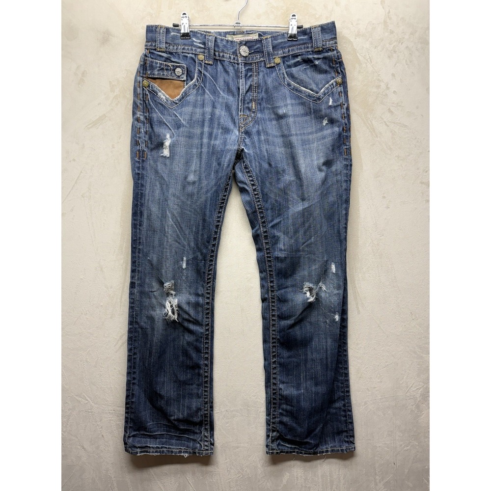 MEK Denim USA Boulder Bootcut Jeans Mens 33x34 Blue Distressed Y2K Flap Pocket